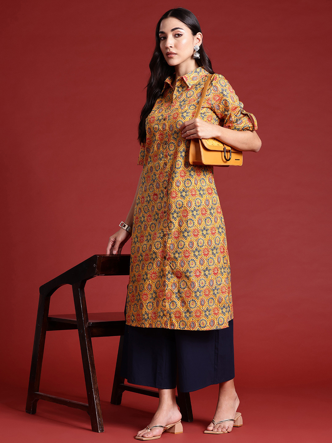 

Anouk Pure Cotton Ethnic Motifs Print Straight Kurta, Mustard