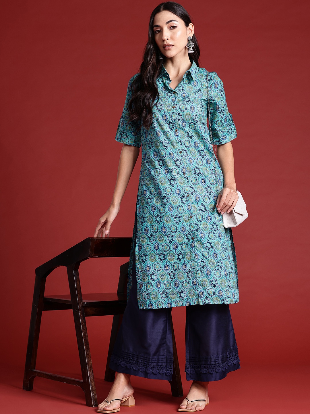 

Anouk Pure Cotton Ethnic Motifs Print Straight Kurta, Blue