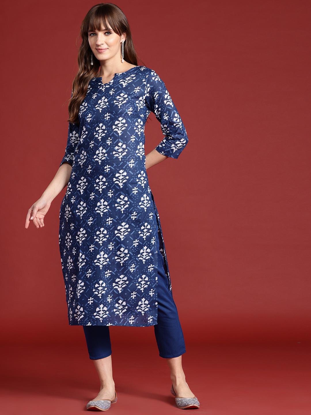 

Anouk Ethnic Printed Pure Cotton Kurta with Trousers, Blue