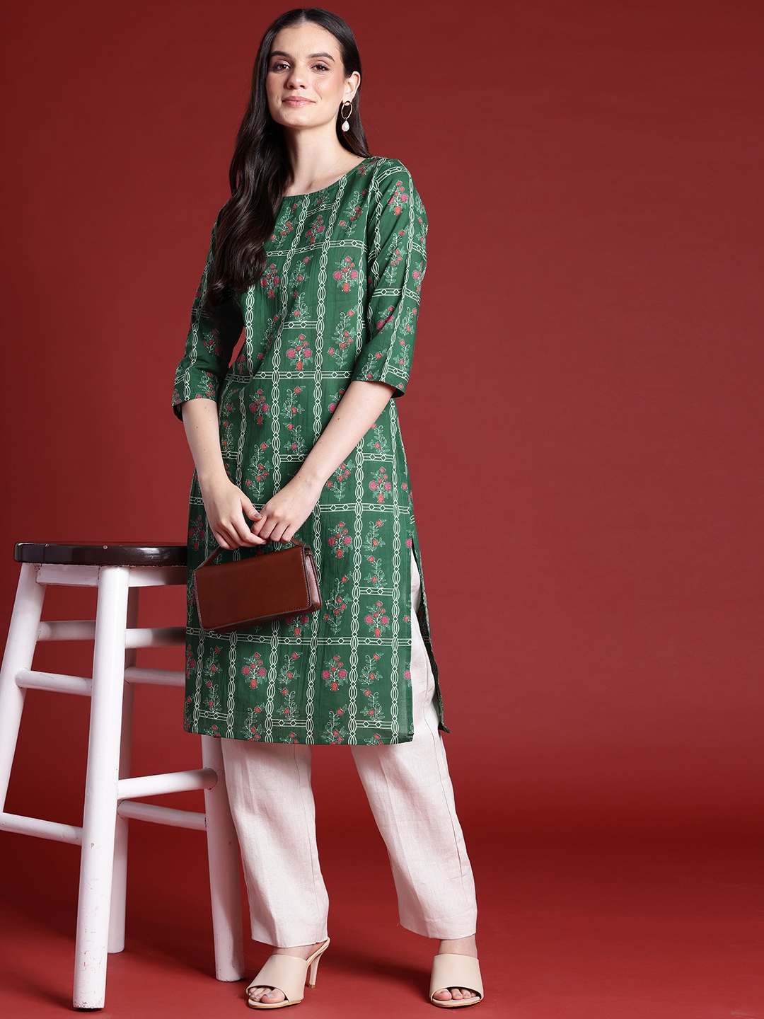 

Anouk Women Floral Printed Cotton Kurta, Green