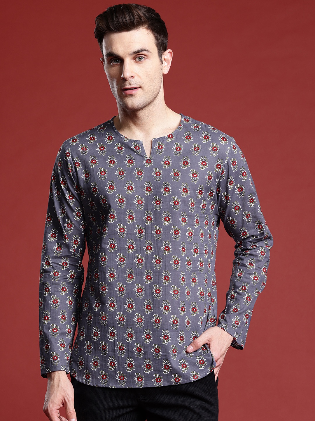 

Anouk Men Ethnic Motifs Printed Pure Cotton Kurta, Grey