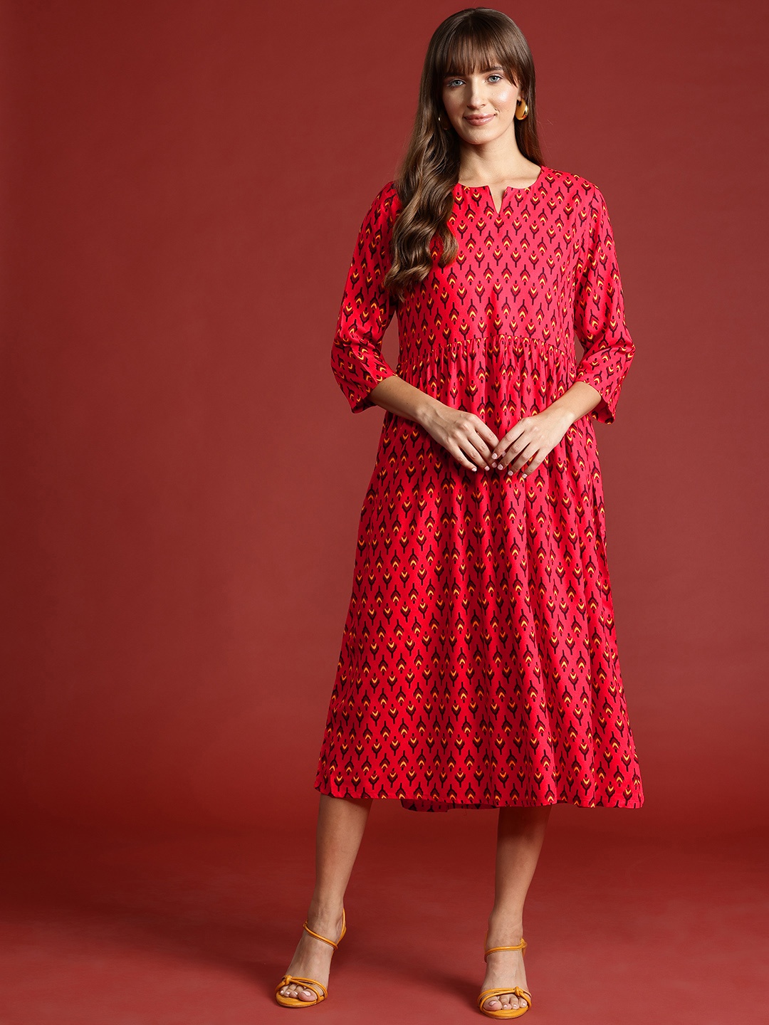

Anouk Notched Round Neck A-Line Ethnic Dress, Red