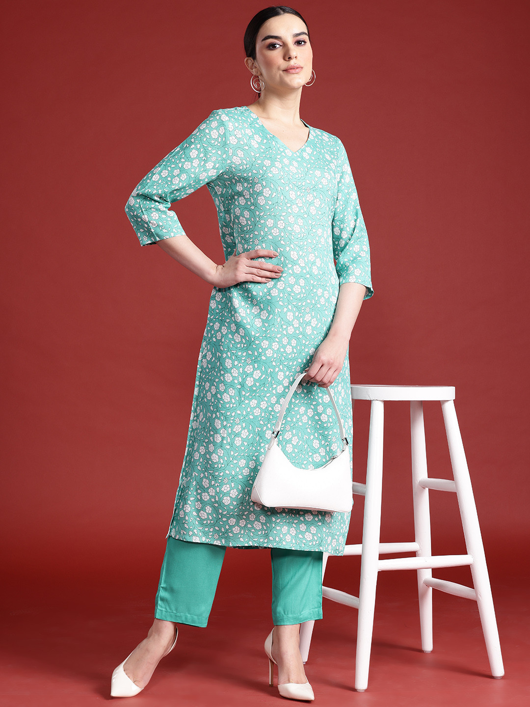 

Anouk Floral Print Kurta with Trousers, Sea green