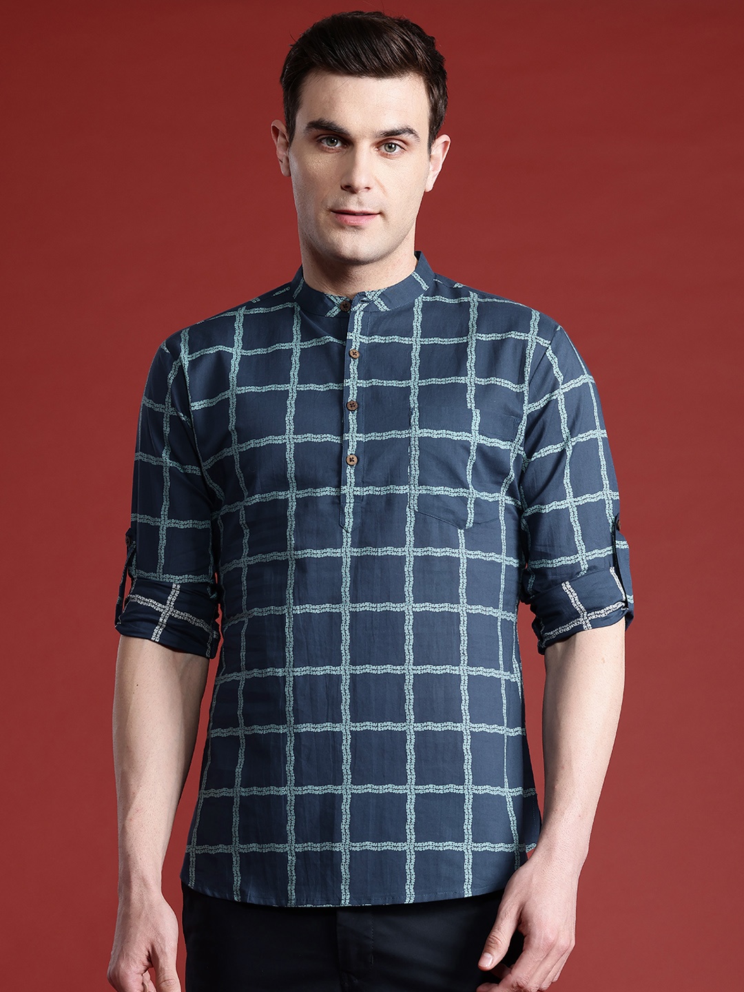 

Anouk Men Checks Printed Band Collar Pure Cotton Kurta, Navy blue