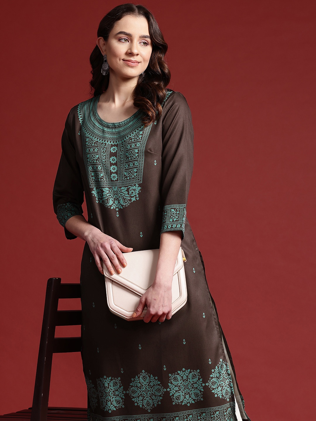 

Anouk Ethnic Motifs Printed Kurta, Brown