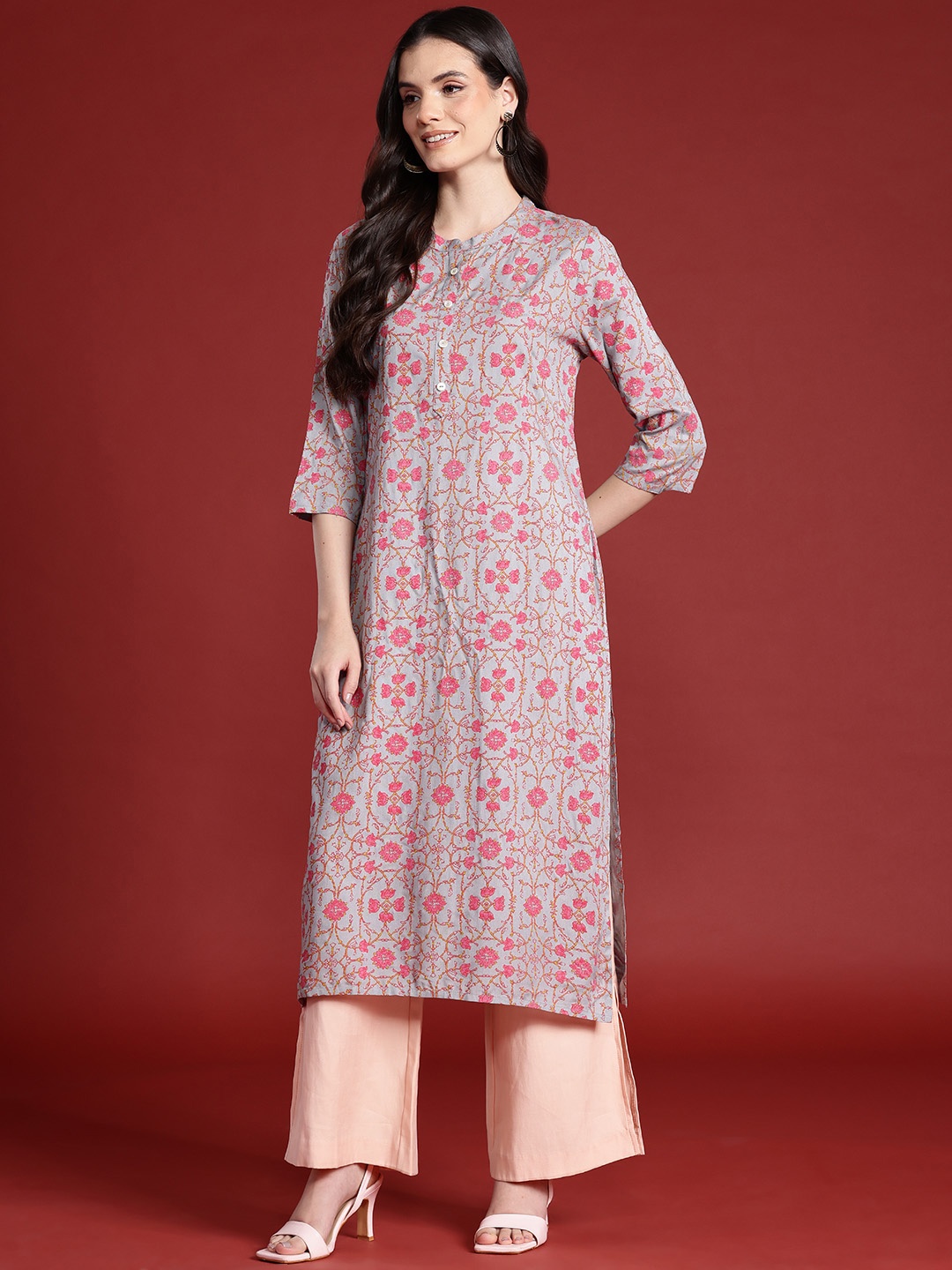 

Anouk Floral Print Straight Kurta, Grey