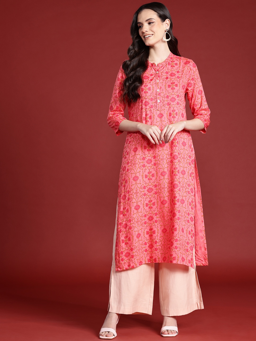 

Anouk Floral Print Straight Kurta, Peach