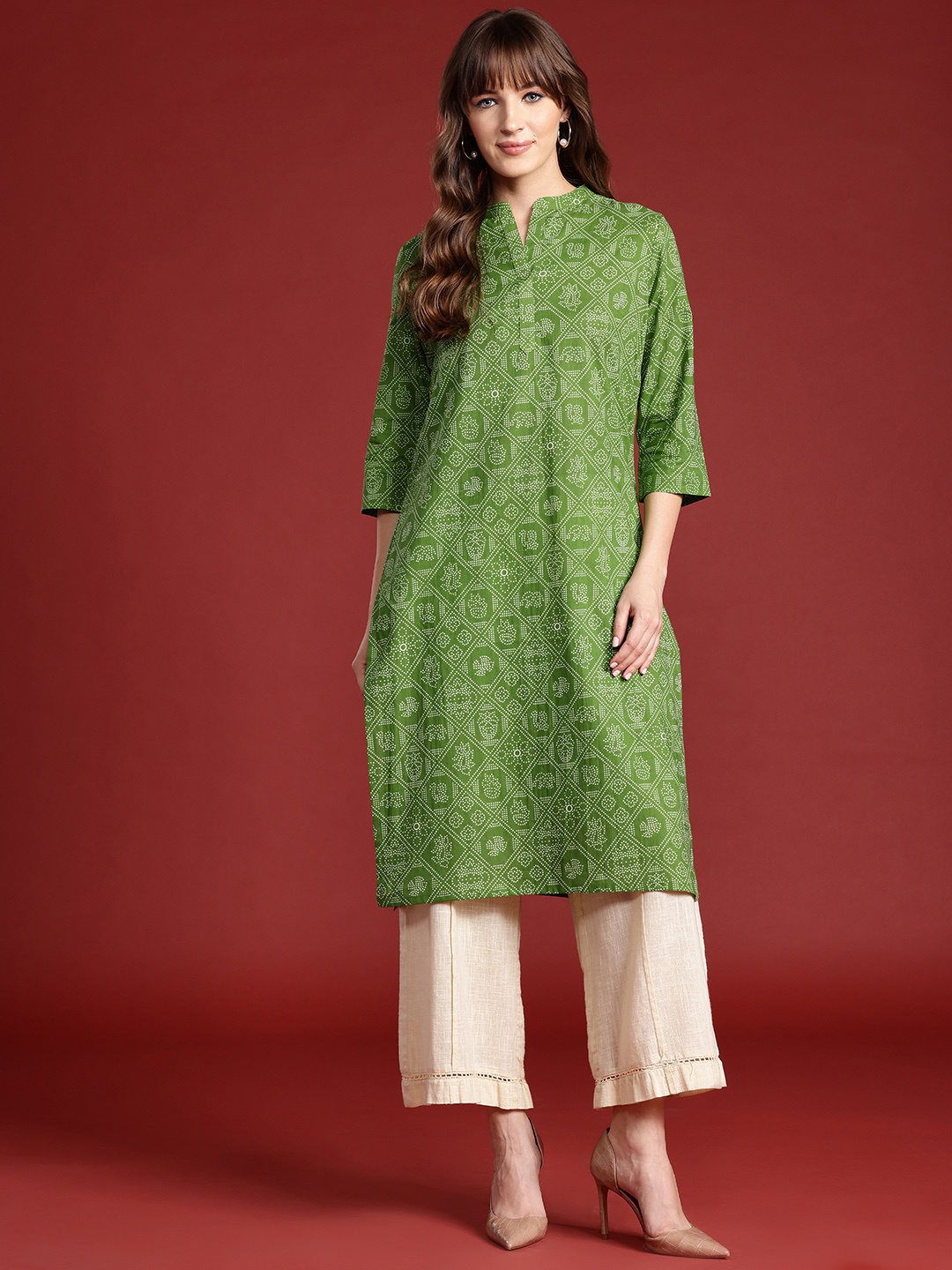 

Anouk Pure Cotton Bandhani Print Straight Kurta, Green