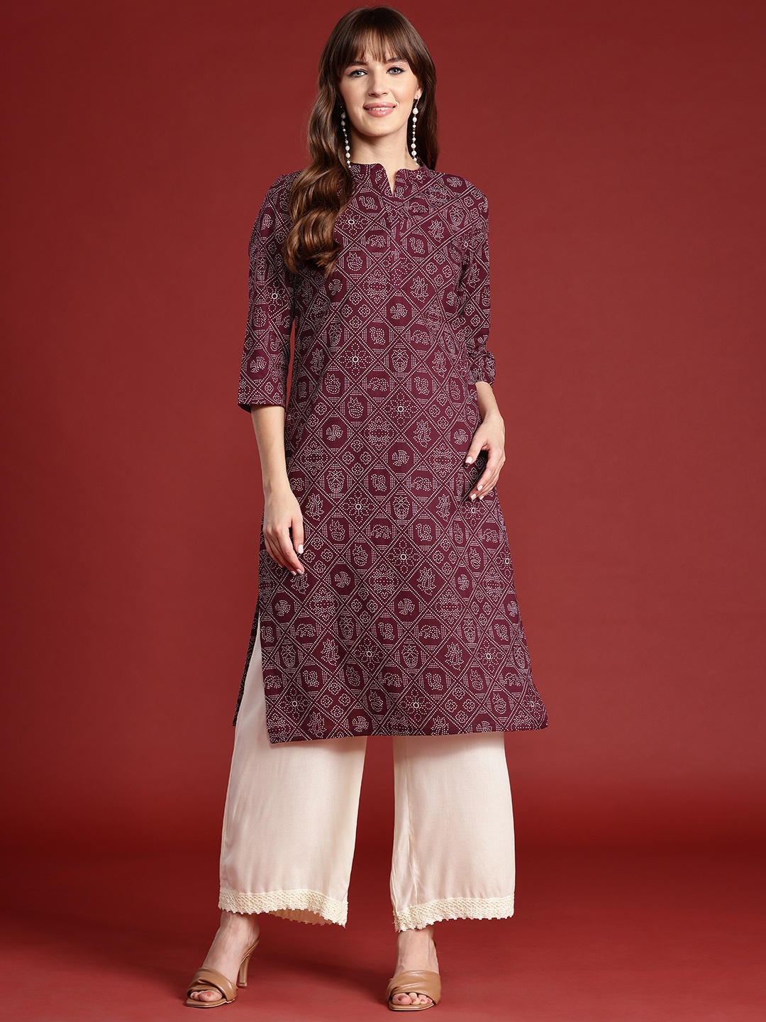 

Anouk Pure Cotton Bandhani Print Straight Kurta, Burgundy