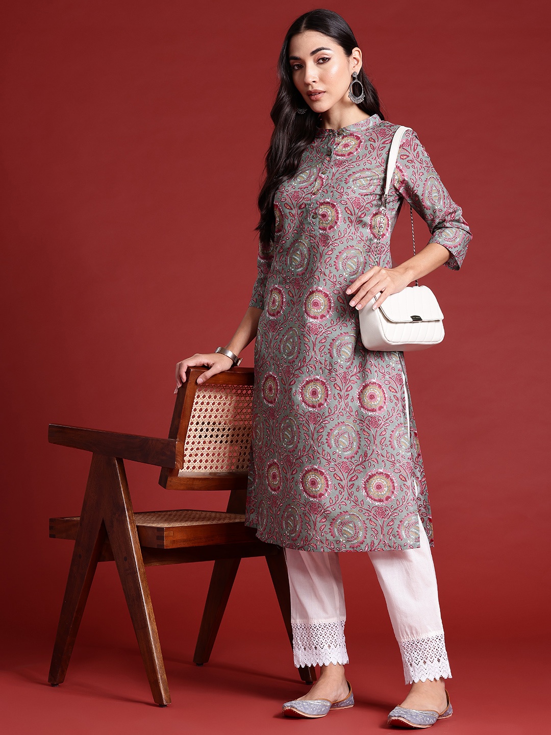 

Anouk Pure Cotton Ethnic Motifs Print Straight Kurta, Grey