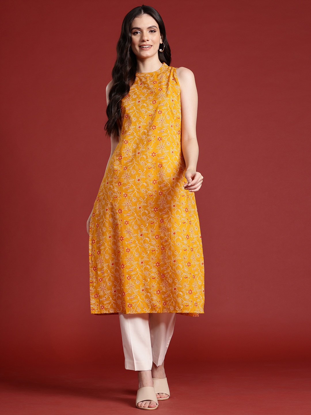 Anouk Cotton Indie Florals Print Straight Kurta, Mustard