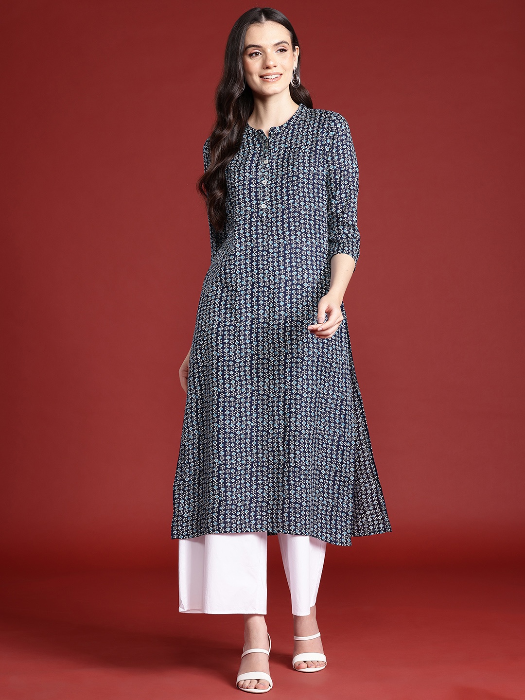 

Anouk Printed Straight Kurta, Navy blue