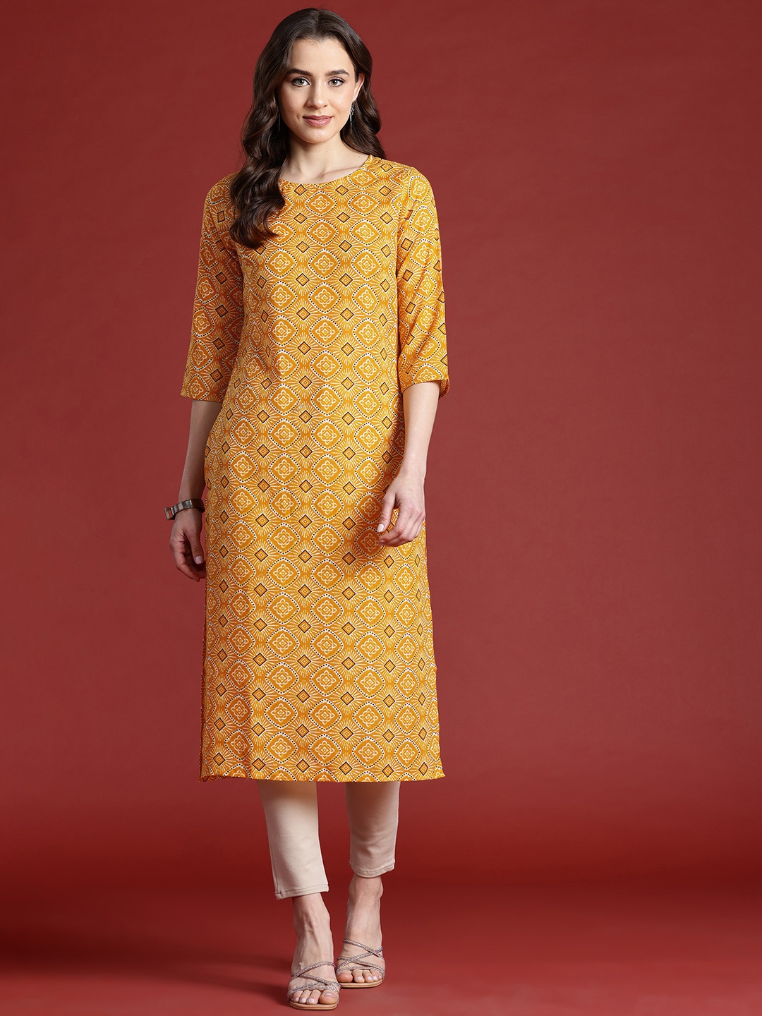 

Anouk Ethnic Motifs Printed Kurta, Mustard