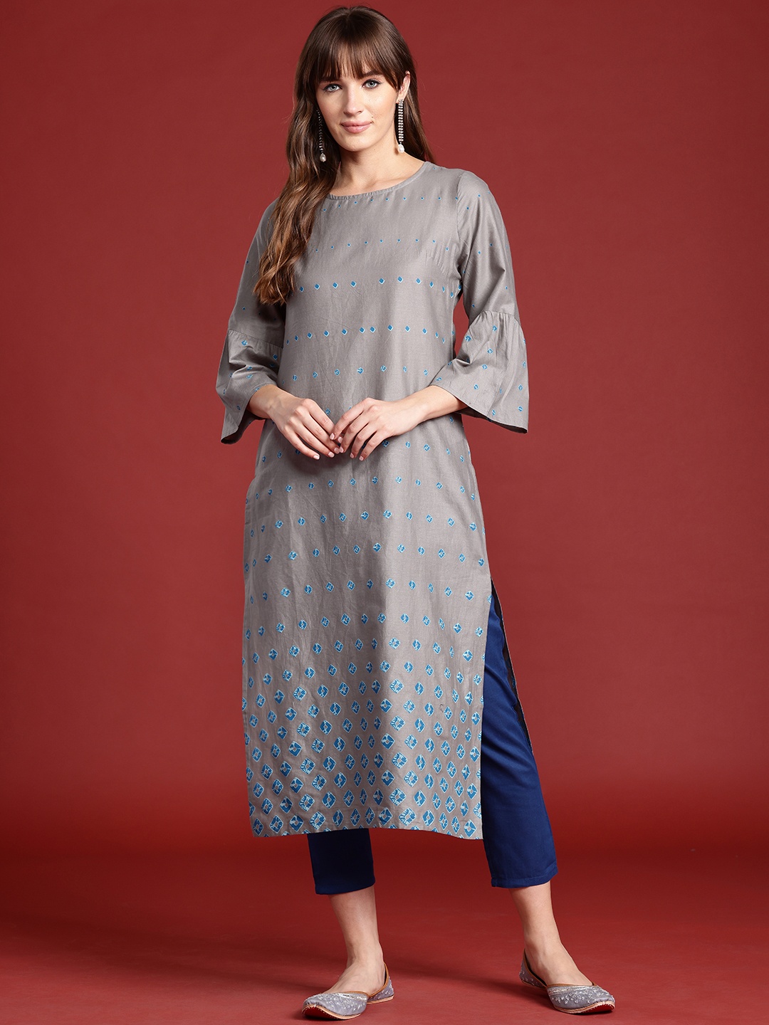 

Anouk Bandhani Printed Bell Sleeves Pure Cotton Kurta, Grey