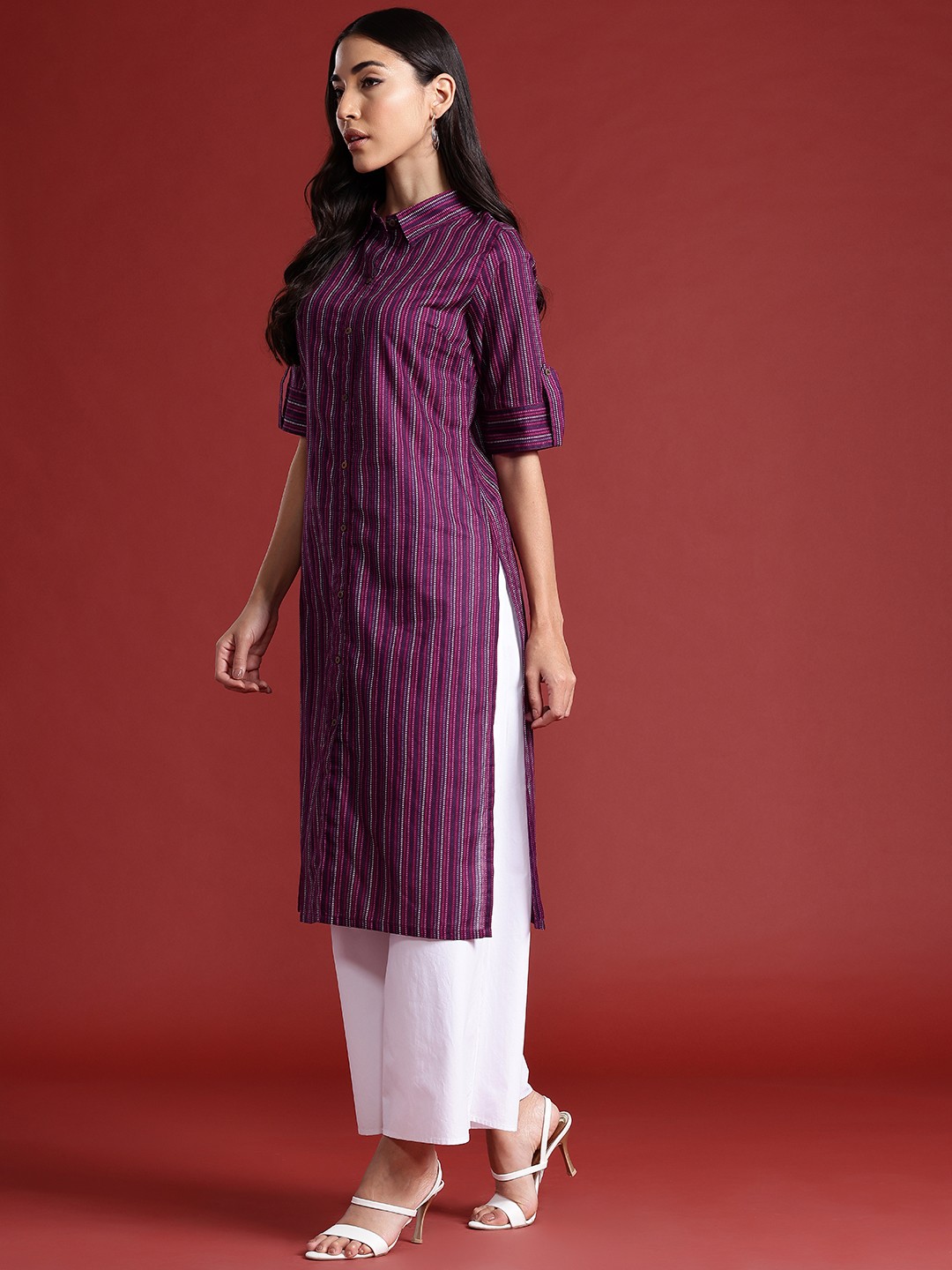 

Anouk Pure Cotton Striped Pathani Kurta, Purple