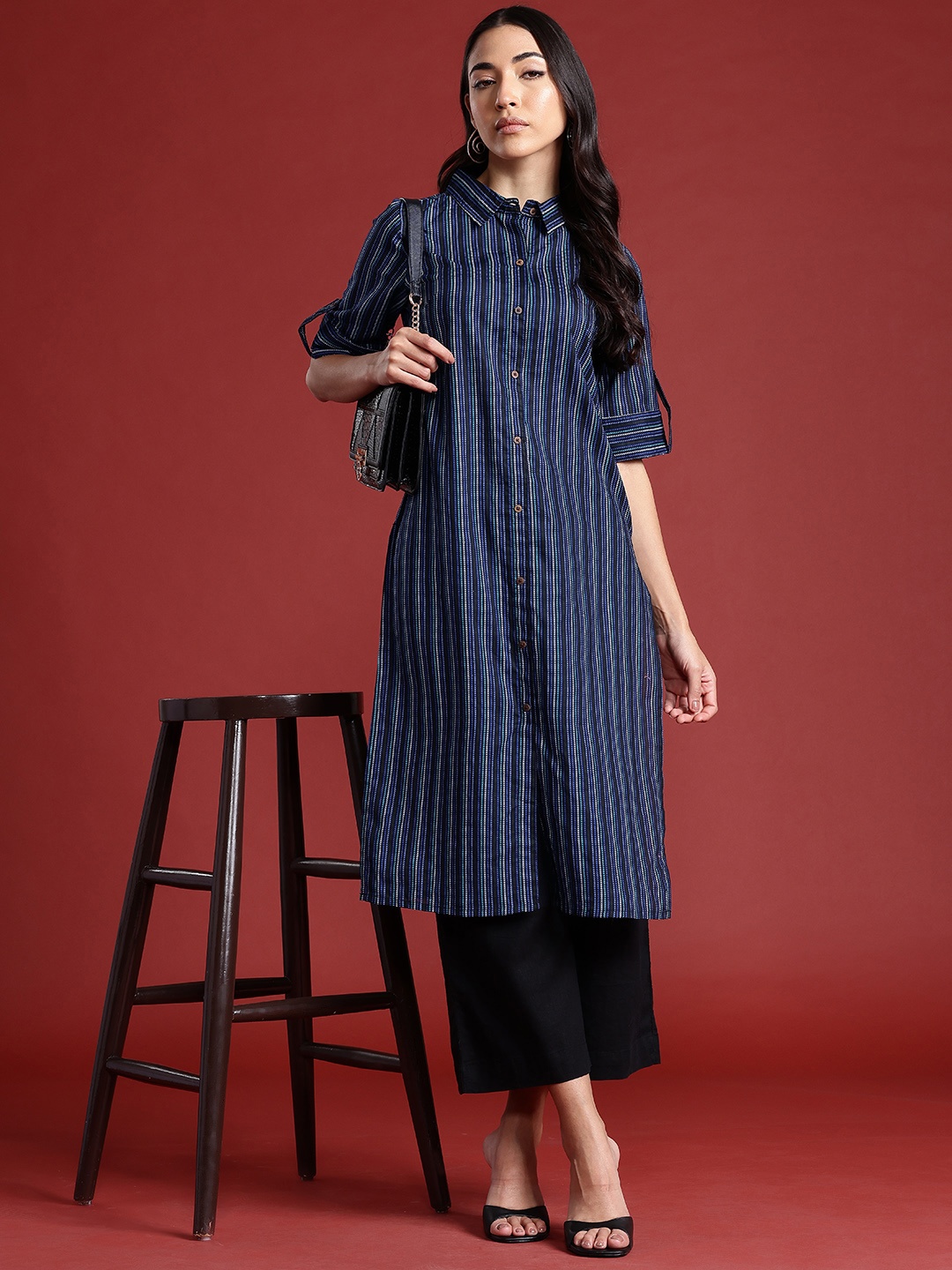 

Anouk Pure Cotton Striped Pathani Kurta, Navy blue