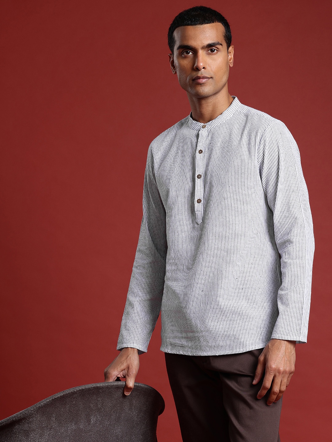 

Anouk Pure Cotton Striped Short Kurta, White