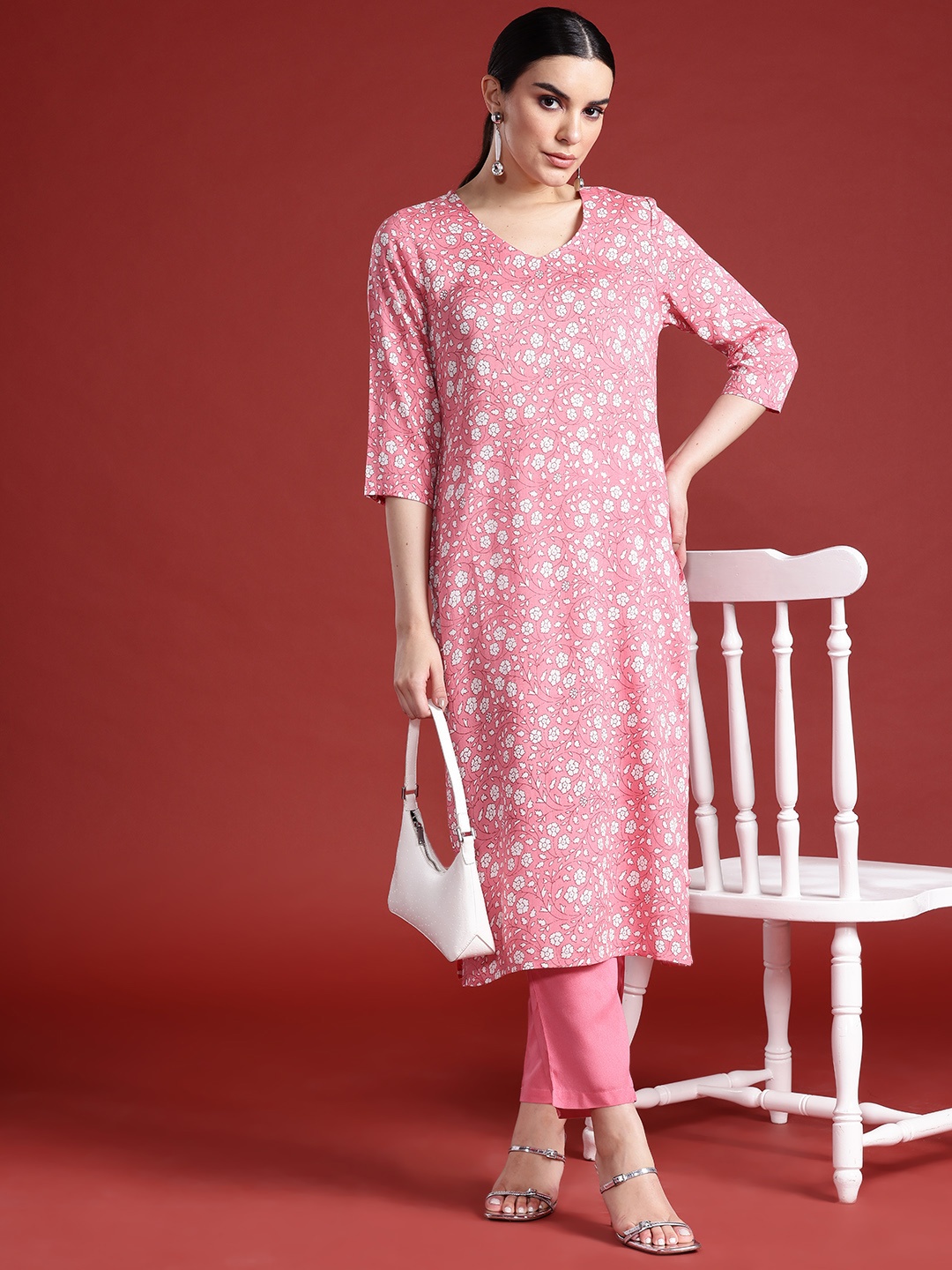 

Anouk Floral Print Kurta with Trousers, Pink