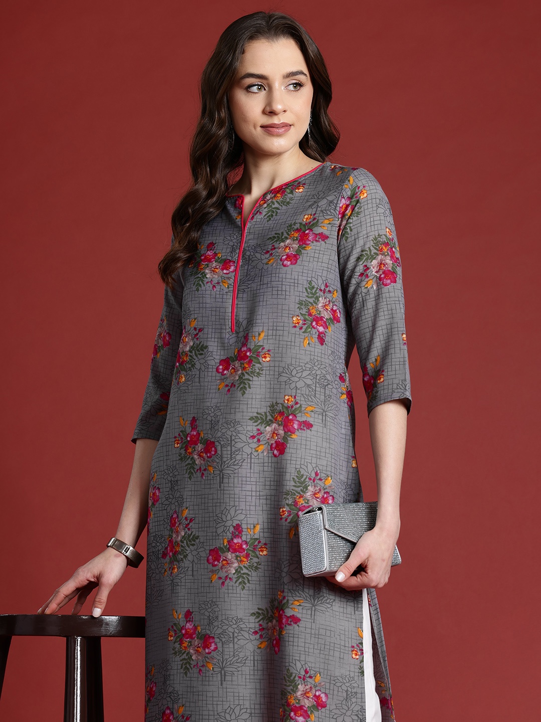 

Anouk Floral Printed Piping Detailed Kurta, Grey
