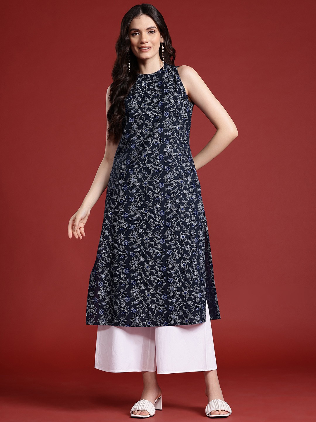 

Anouk Cotton Indie Florals Print Straight Kurta, Navy blue