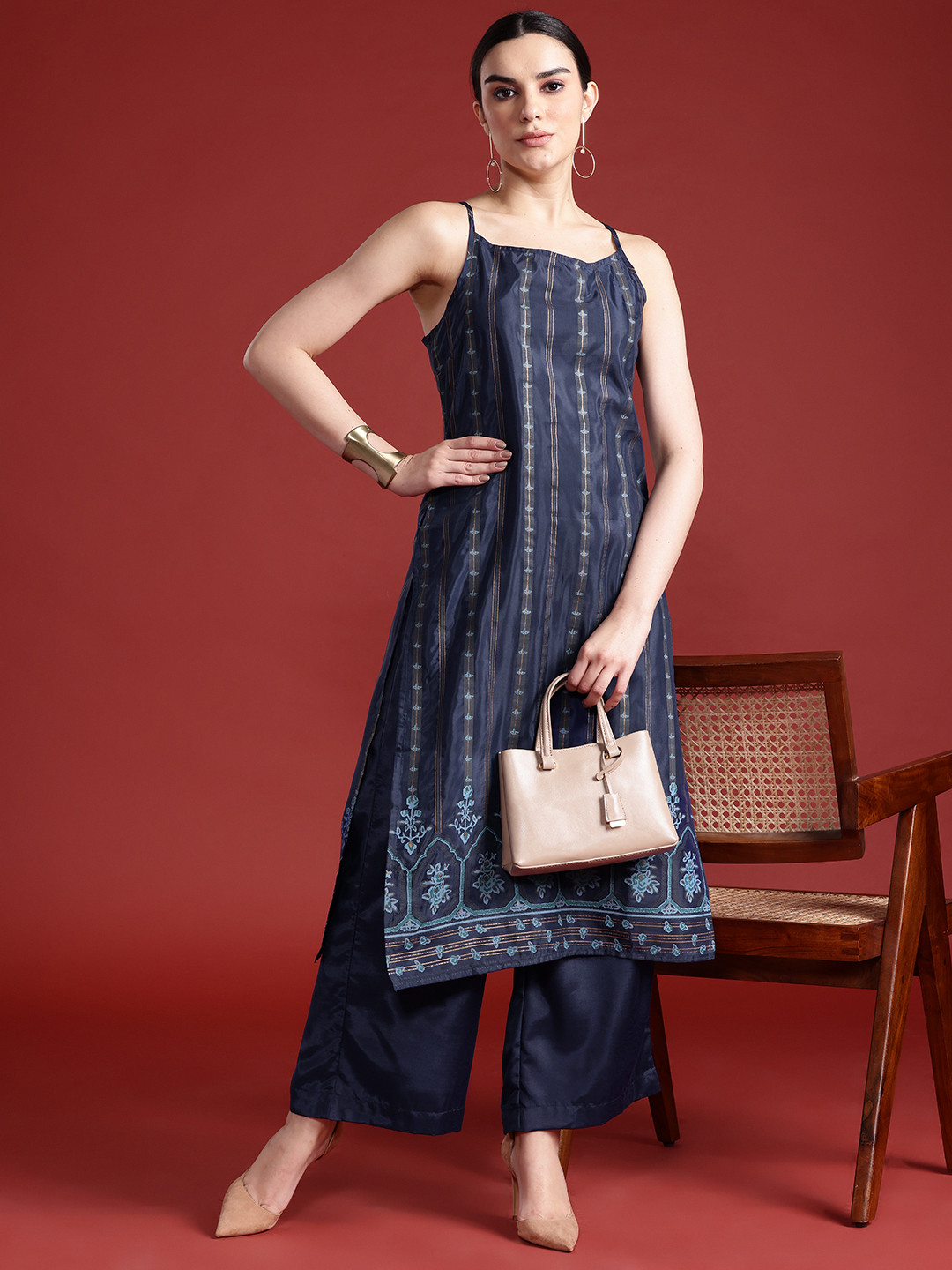 

Anouk Printed Regular Kurta with Palazzos, Navy blue