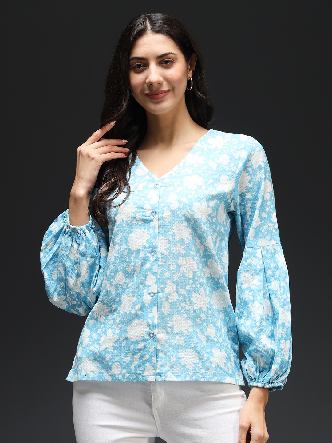 

Kannan Floral Printed Puff Sleeves Pure Cotton Regular Top, Blue