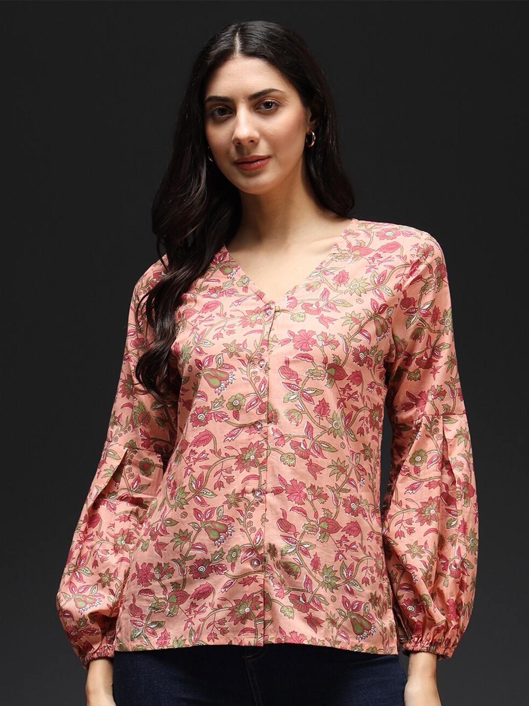

Kannan Ethnic Motifs Print Puff Sleeves Cotton Top, Peach