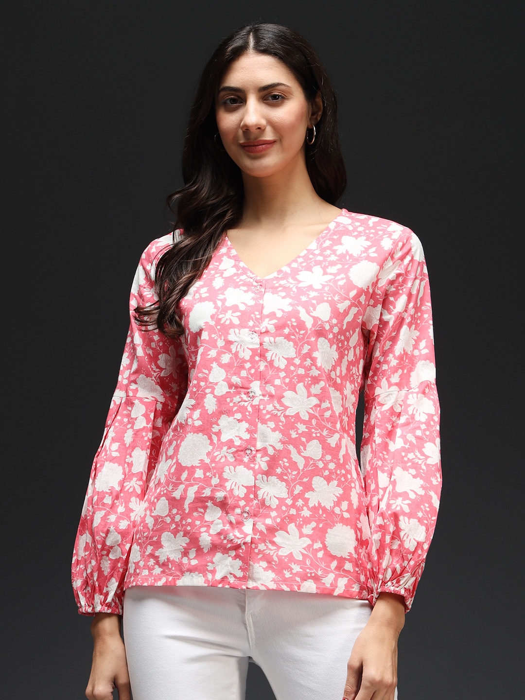 

Kannan Floral Printed Puff Sleeves Pure Cotton Regular Top, Pink