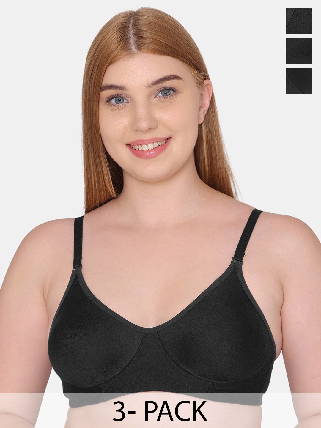 

KOMLI Pack of 3 Full Coverage Seamless Non-Padded Cotton T-Shirt Bra With All Day Comfort, Black
