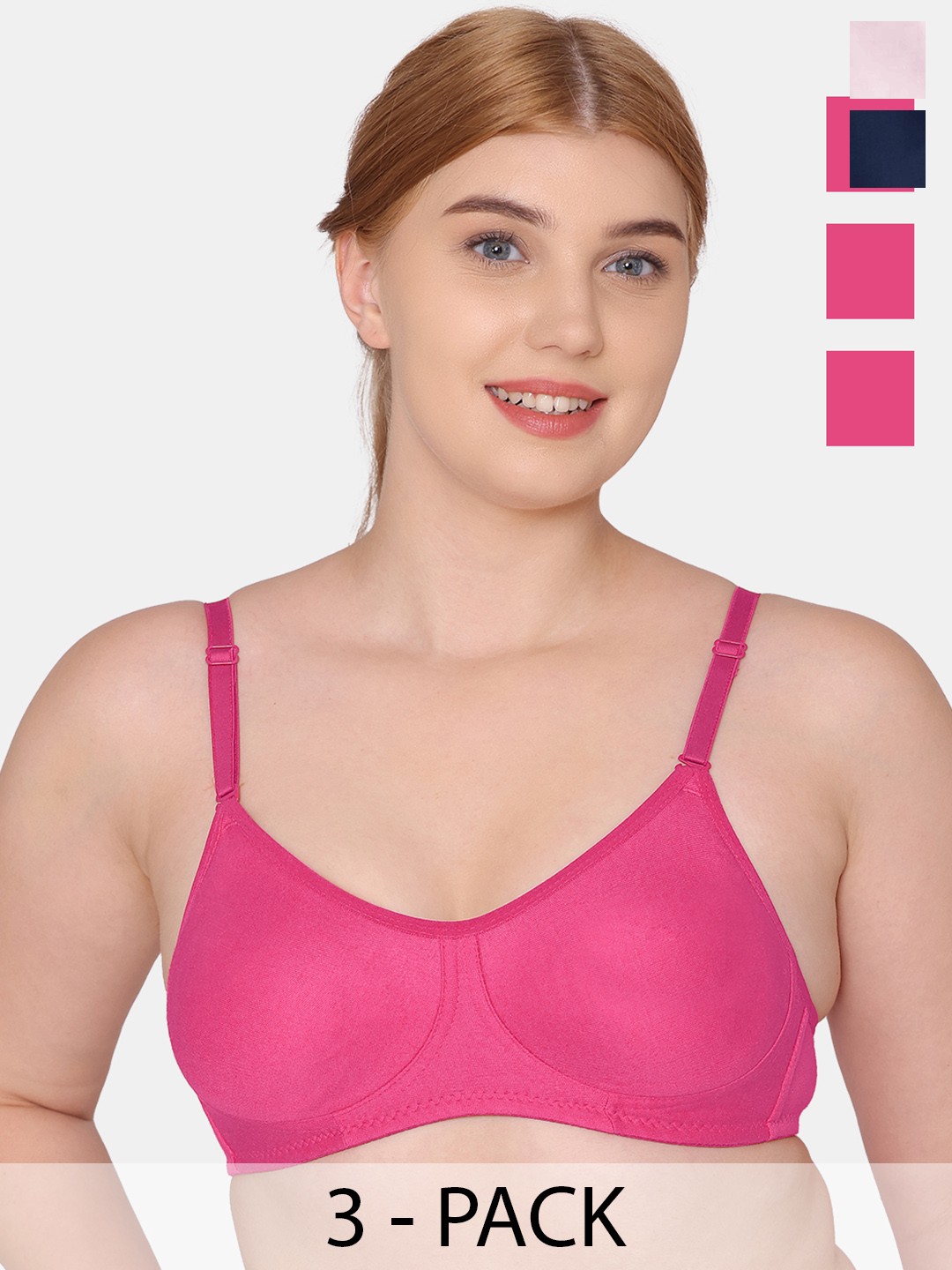 

KOMLI Pack Of 3 Full Coverage Non Padded Cotton T-shirt Bra With All Day Comfort, Pink