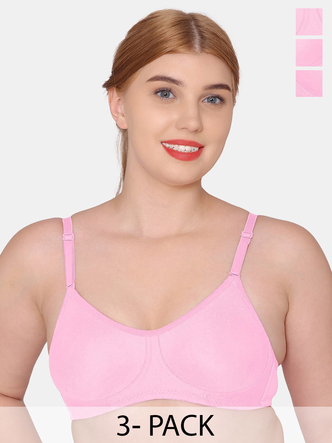 

KOMLI Pack Of 3 All Day Comfort T-shirt Bra Full Coverage, Pink