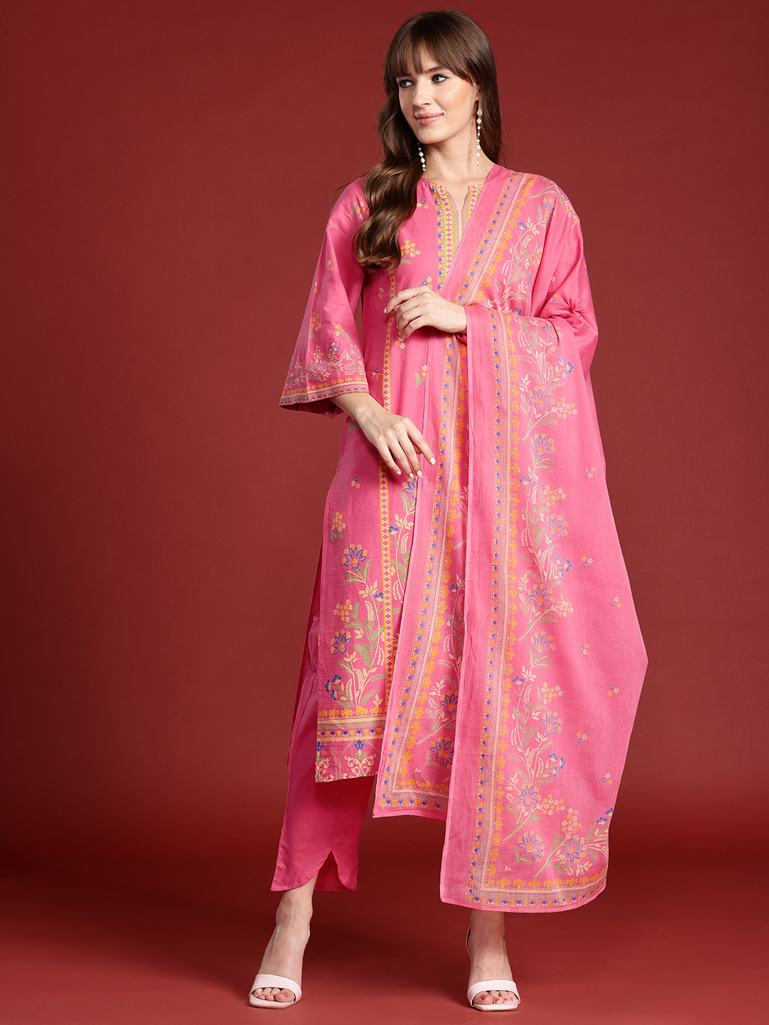 

Anouk Floral Print Pure Cotton Kurta with Trousers & Dupatta, Pink