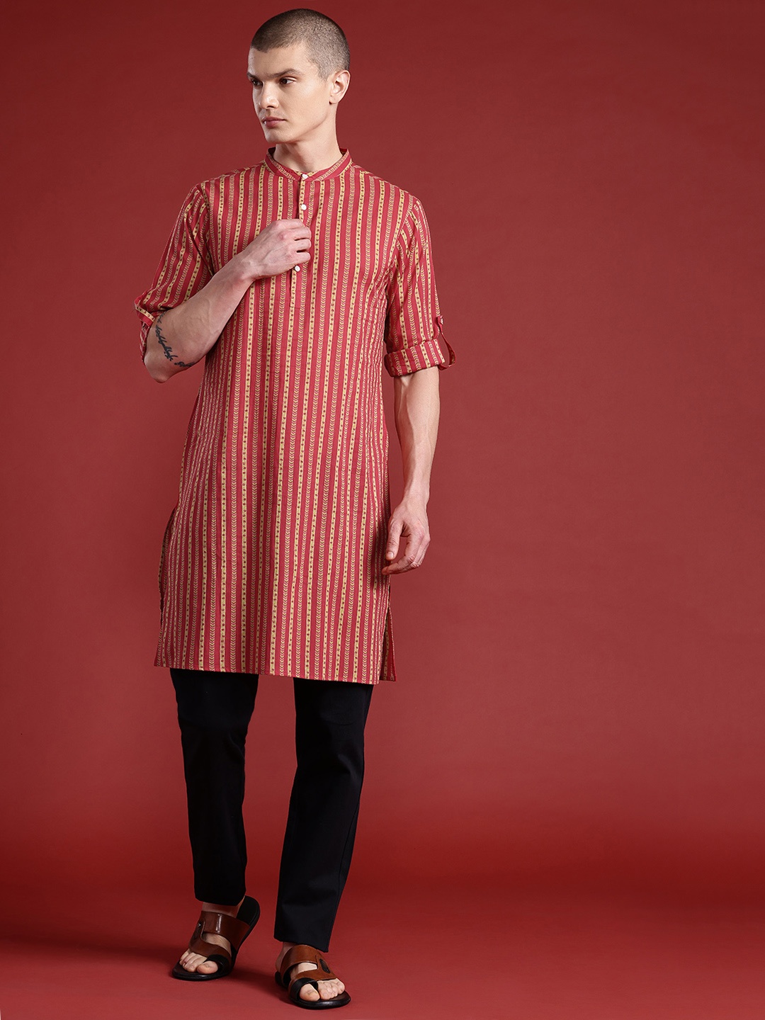 

Anouk Pure Cotton Striped Kurta, Red