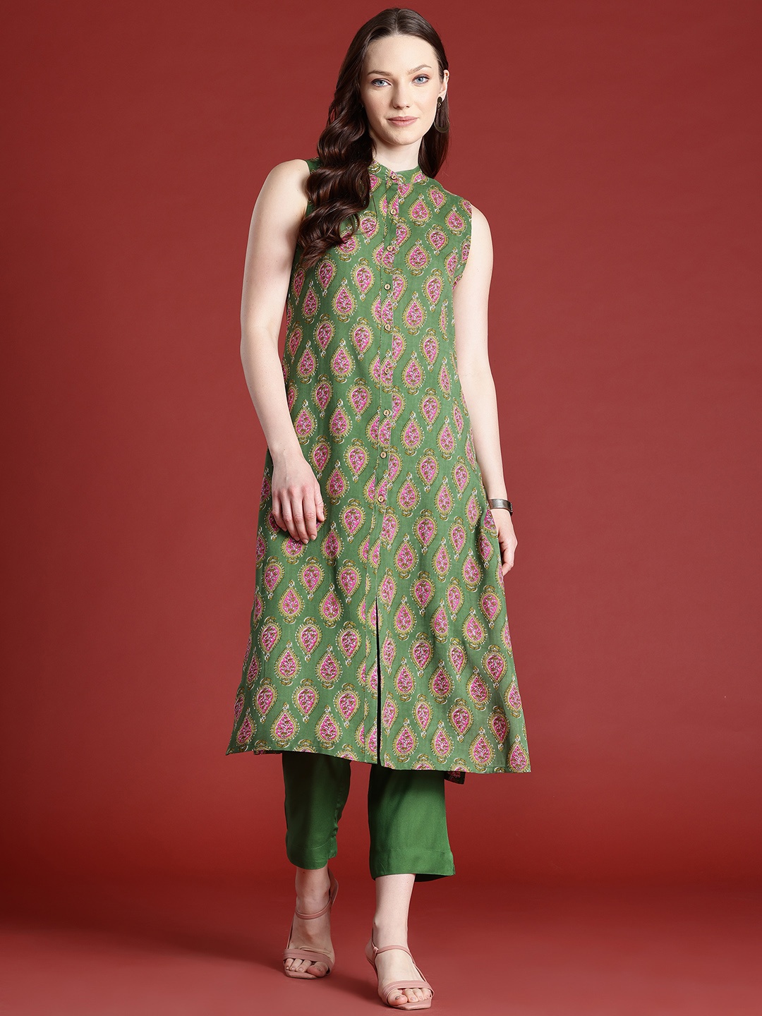 

Anouk Ethnic Motifs Print Kurta with Trousers, Olive