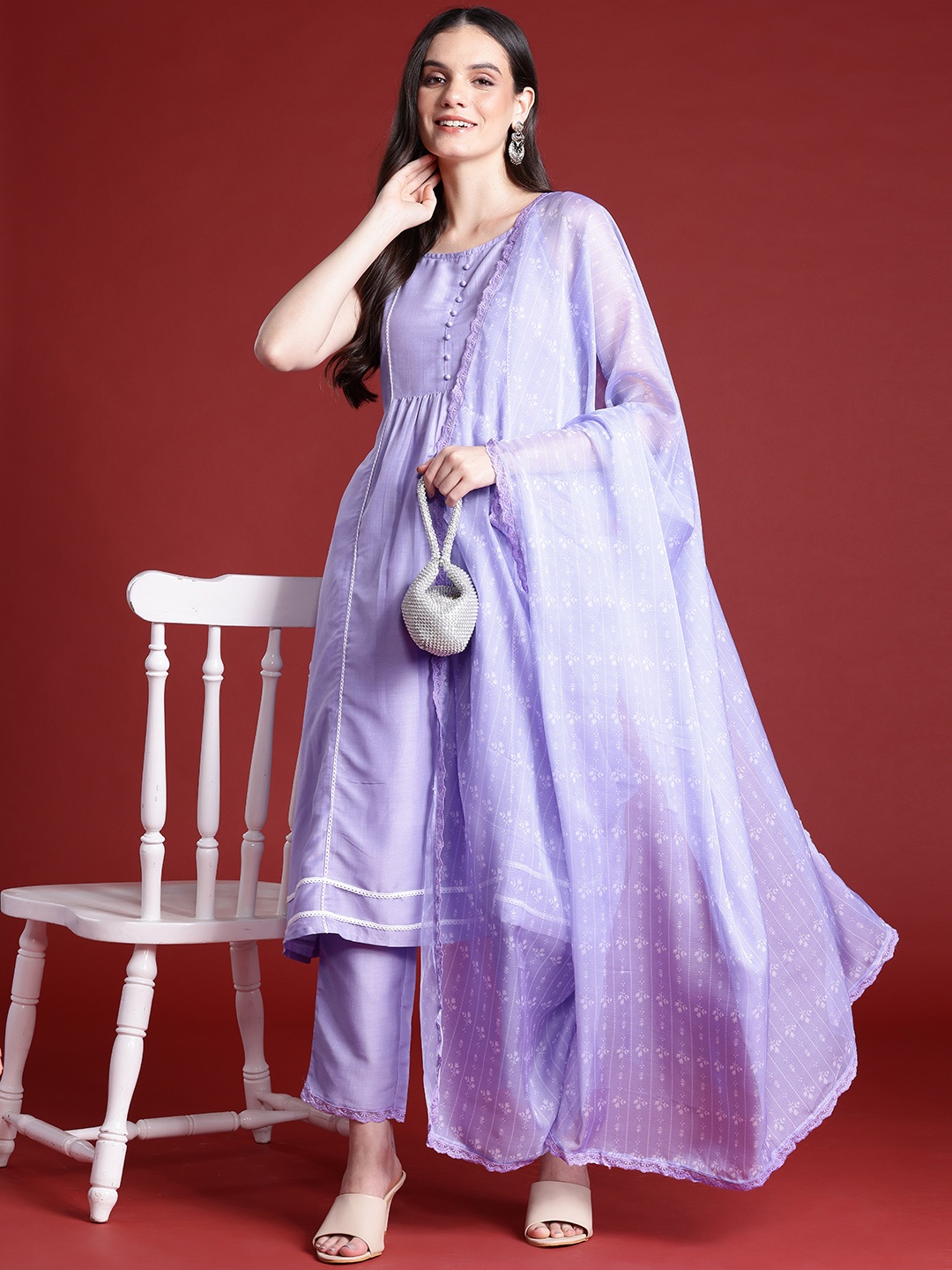 

Anouk Women A-Line Kurta with Trousers & Dupatta, Lavender