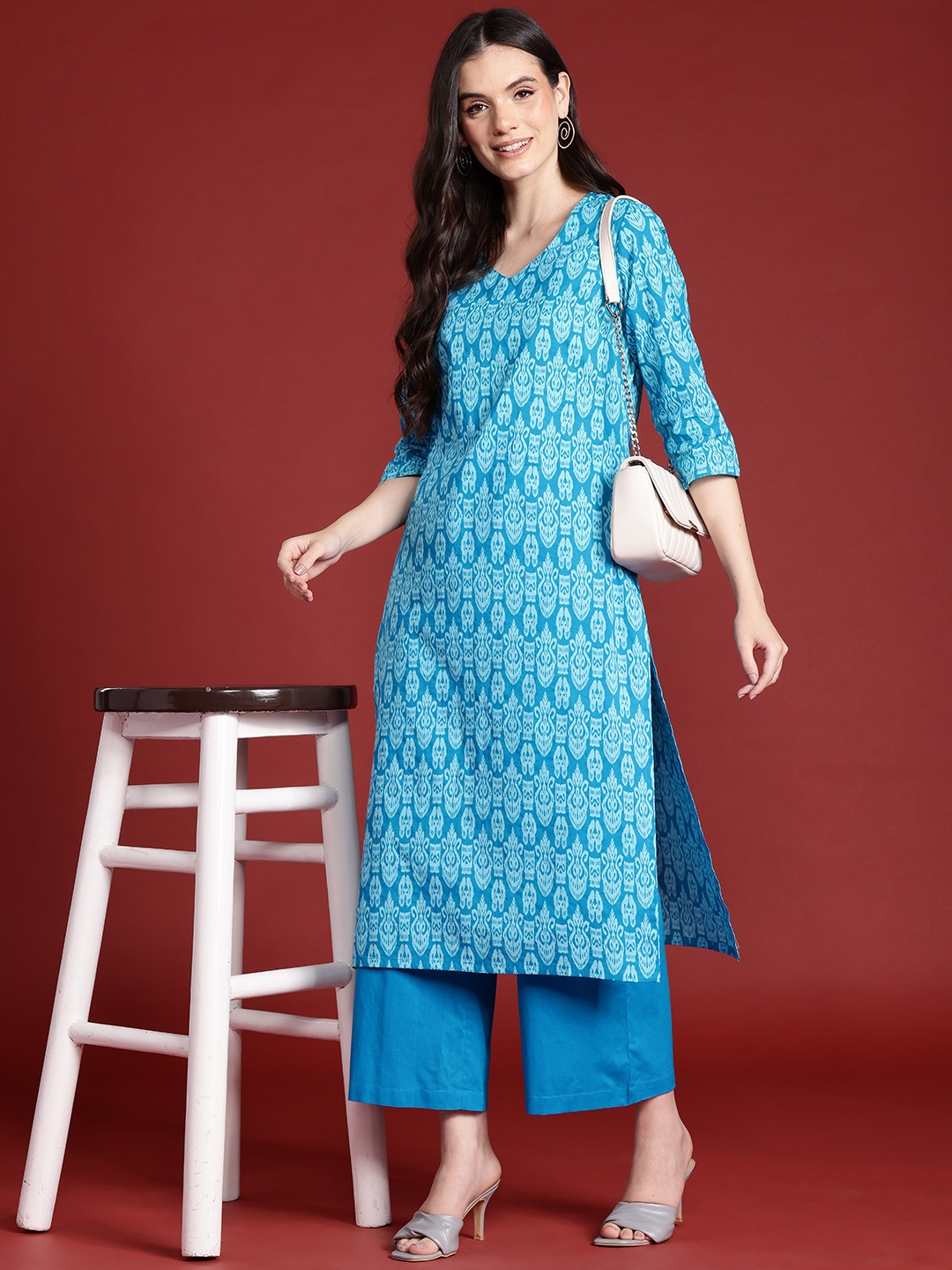 

Anouk Printed Pure Cotton Straight Kurta with Palazzos, Blue