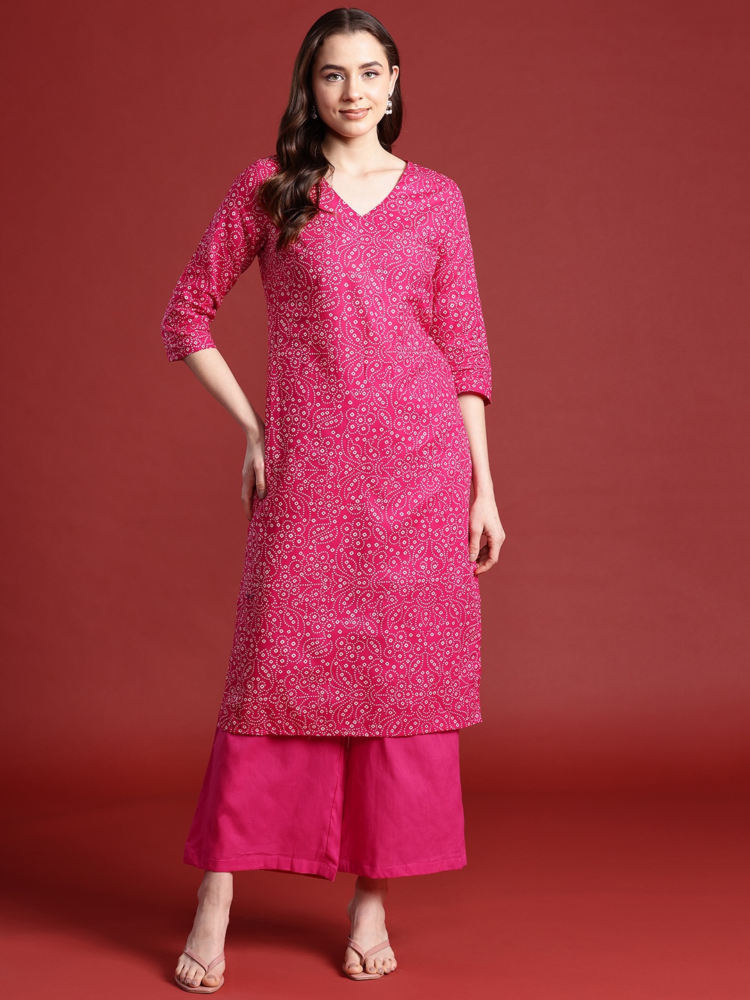 

Anouk Women Bandhani Printed Pure Cotton Kurta with Palazzos, Pink