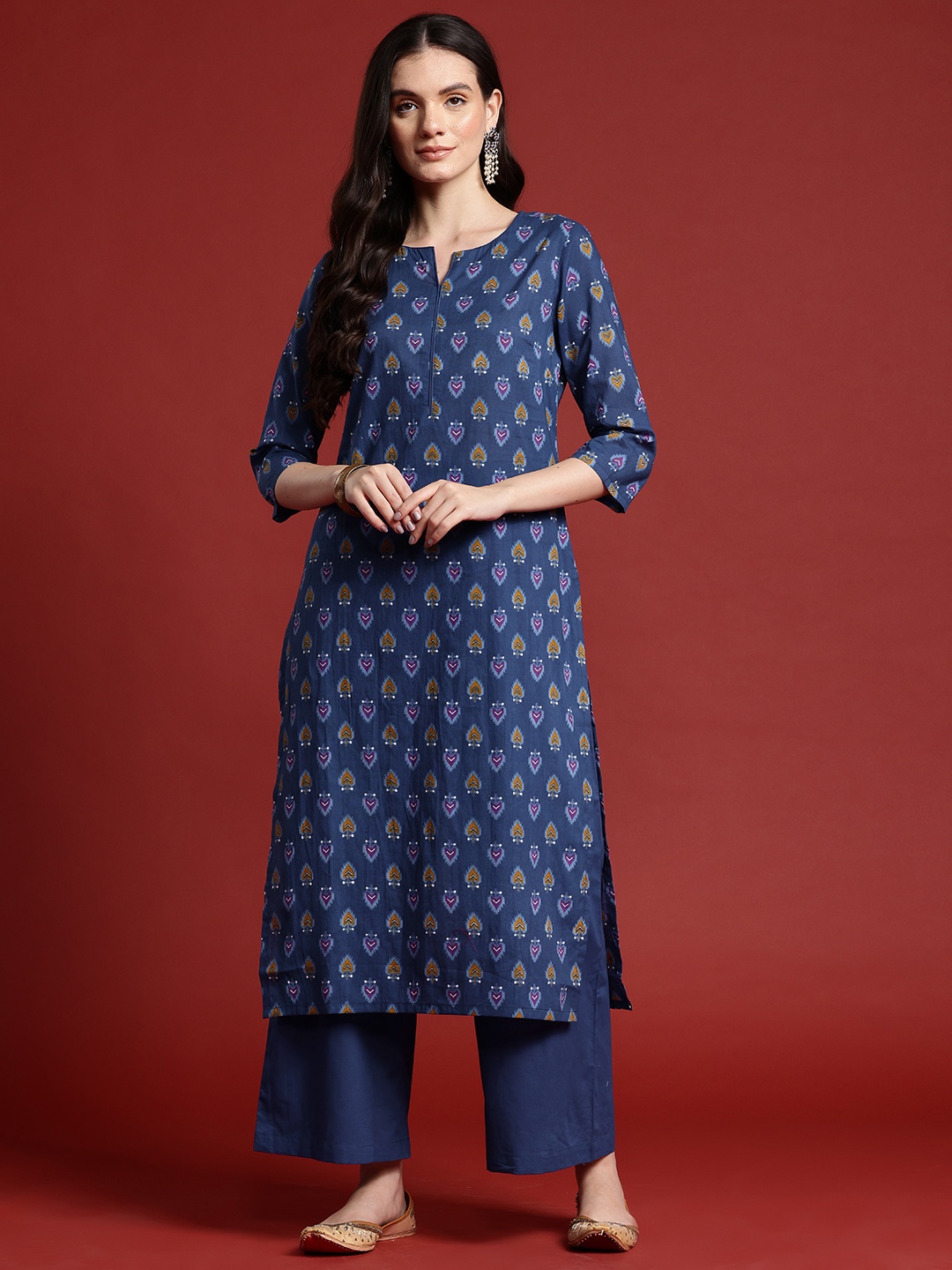 

Anouk Printed Pure Cotton Kurta with Trousers, Navy blue