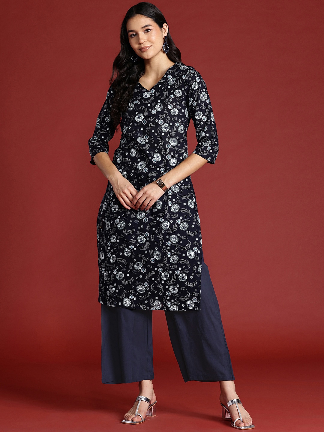 

Anouk Women Ethnic Motifs Printed Pure Cotton Kurta with Palazzos, Navy blue