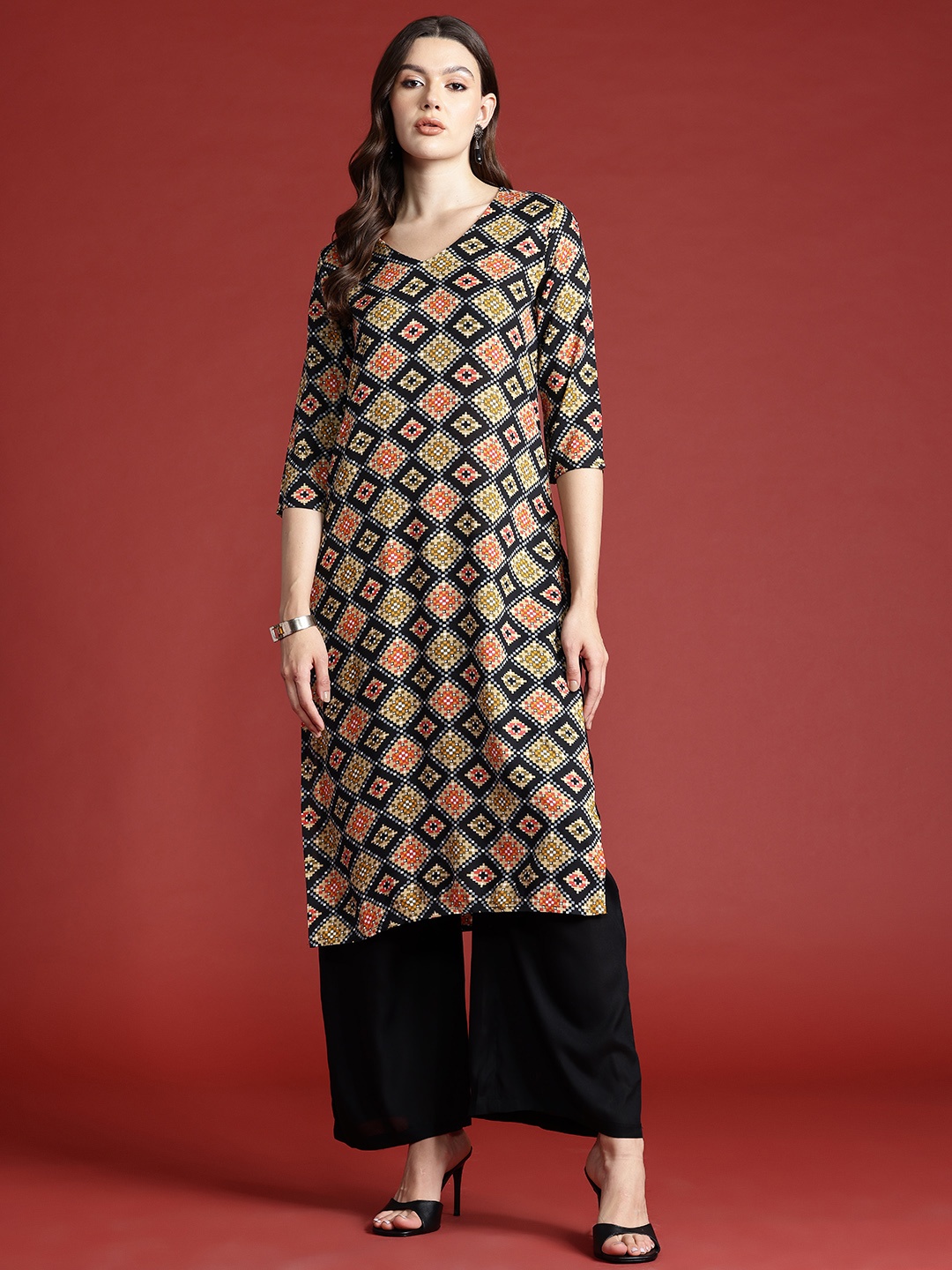 

Anouk Women Geometric Printed Regular Kurta with Palazzos, Black