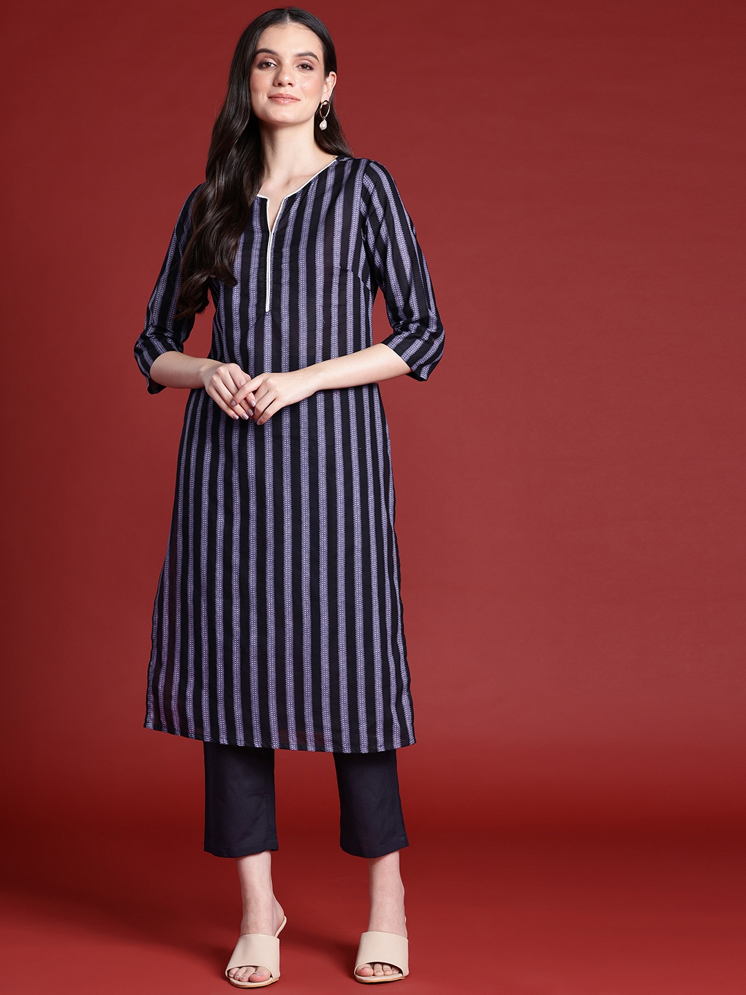 

Anouk Striped Pure Cotton Kurta with Trousers, Navy blue