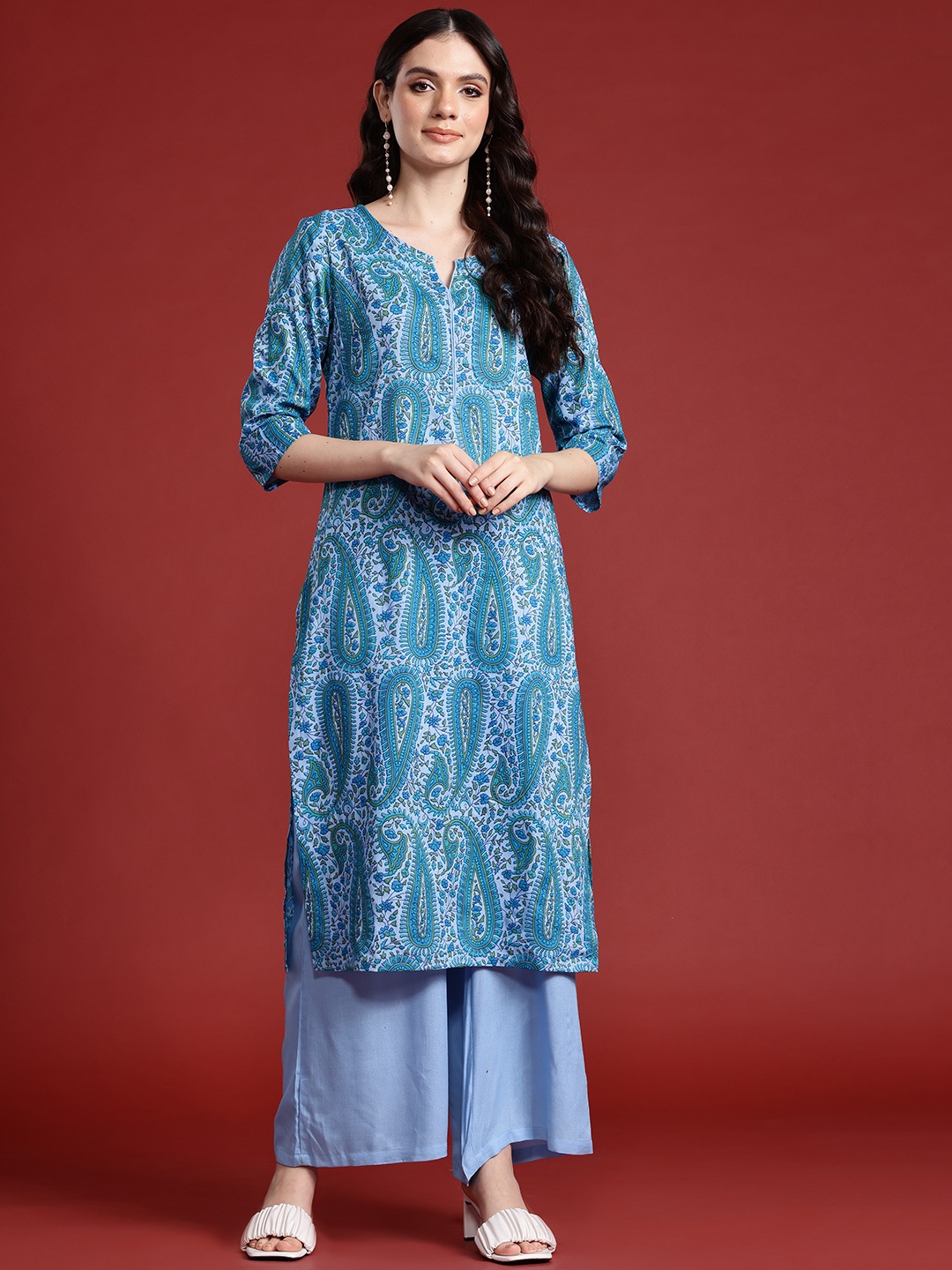

Anouk Paisley Printed Regular Pure Cotton Kurta with Palazzos, Blue