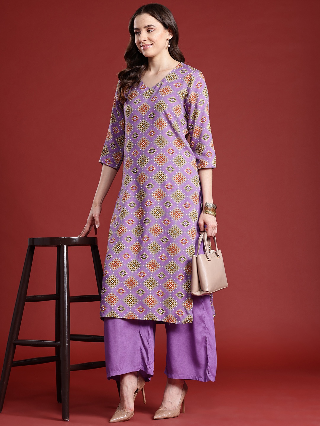 

Anouk Floral Printed Straight Kurta & Palazzos Set, Lavender