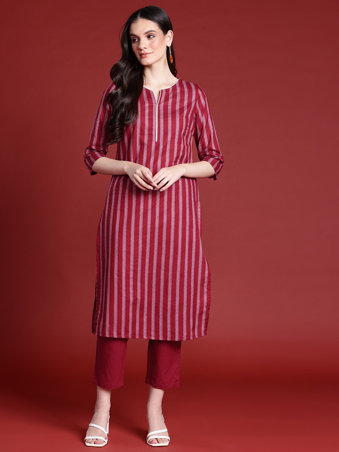 

Anouk Striped Pure Cotton Kurta with Trousers, Red