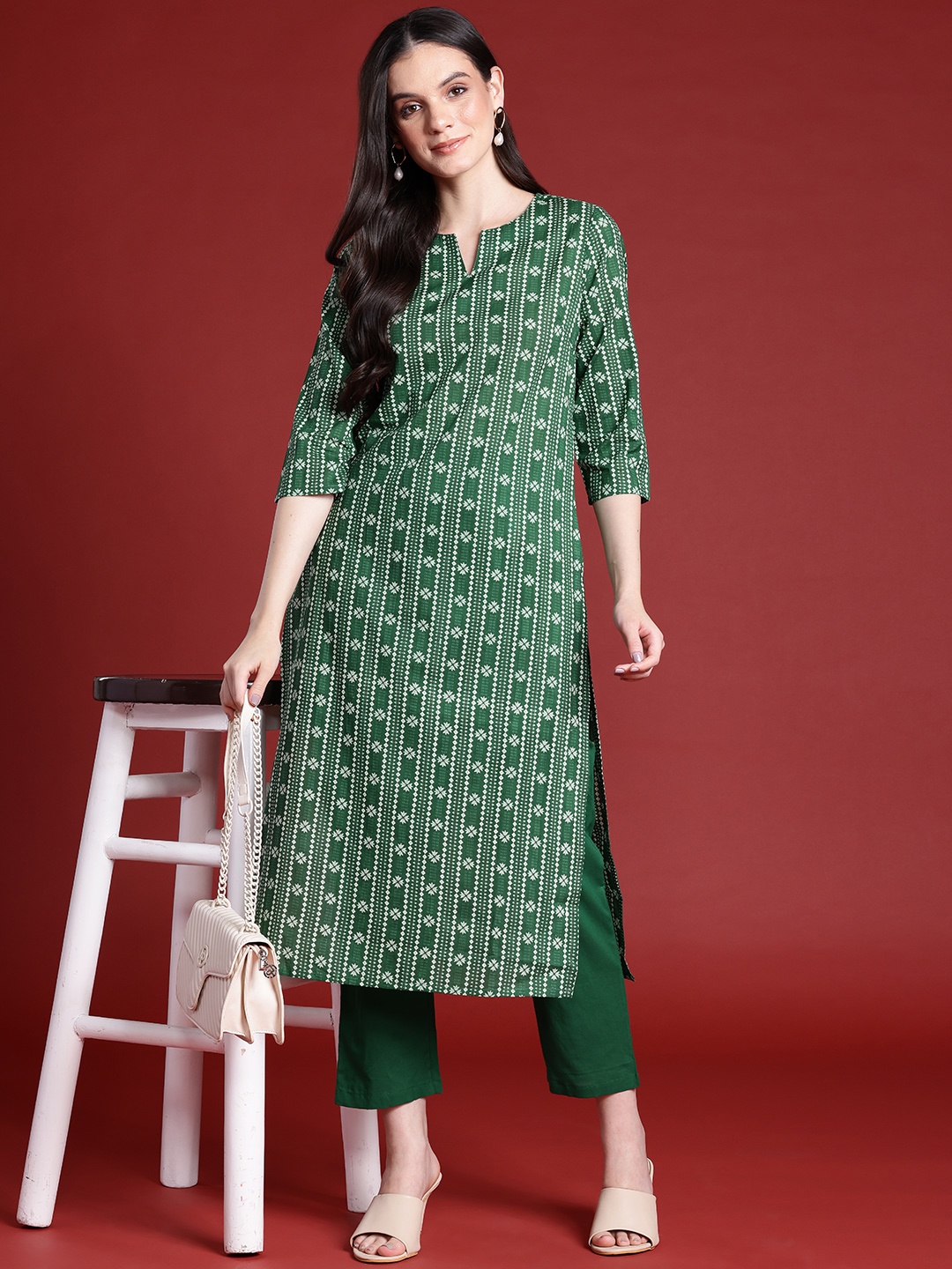 

Anouk Printed Pure Cotton Straight Kurta with Trousers, Green