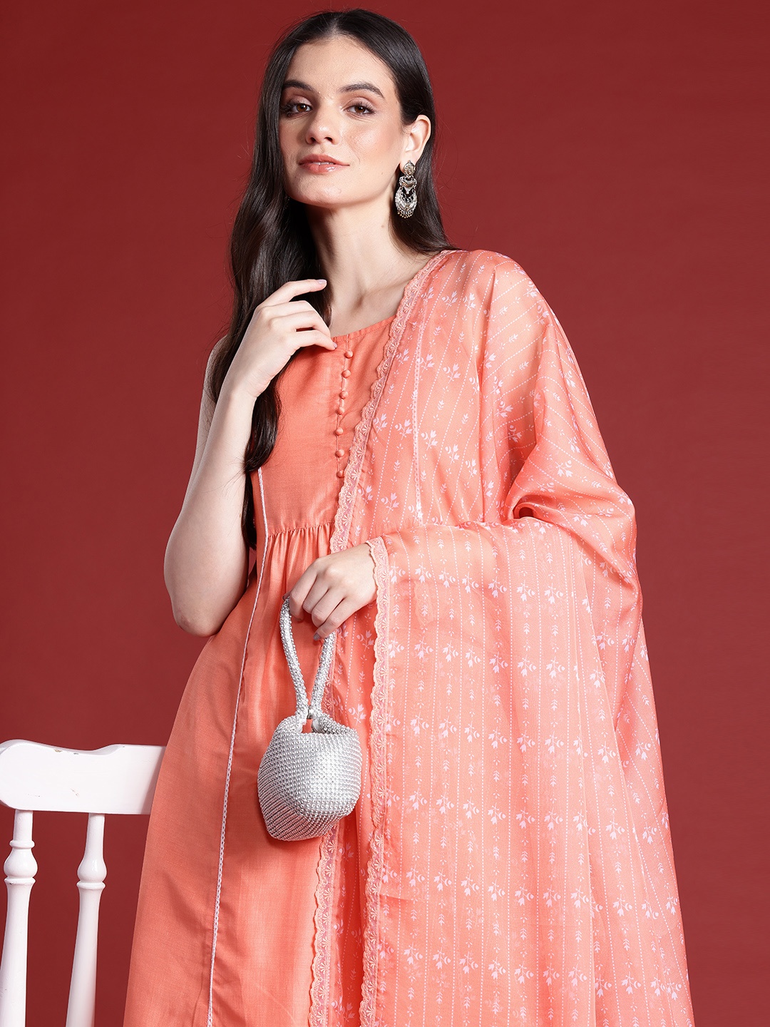 

Anouk Women A-Line Kurta with Trousers & Dupatta, Coral