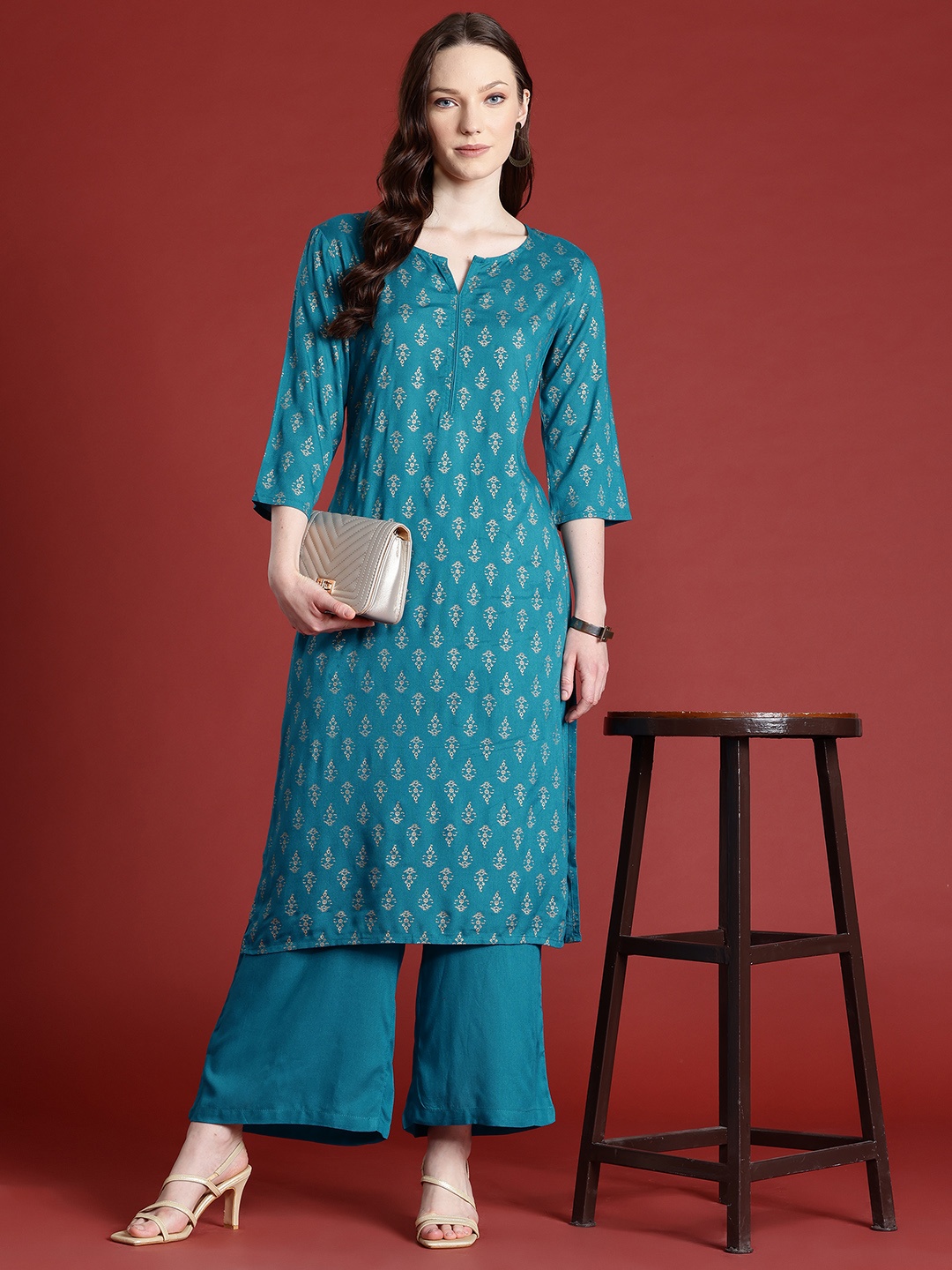 

Anouk Ethnic Motifs Print Kurta with Palazzos, Teal