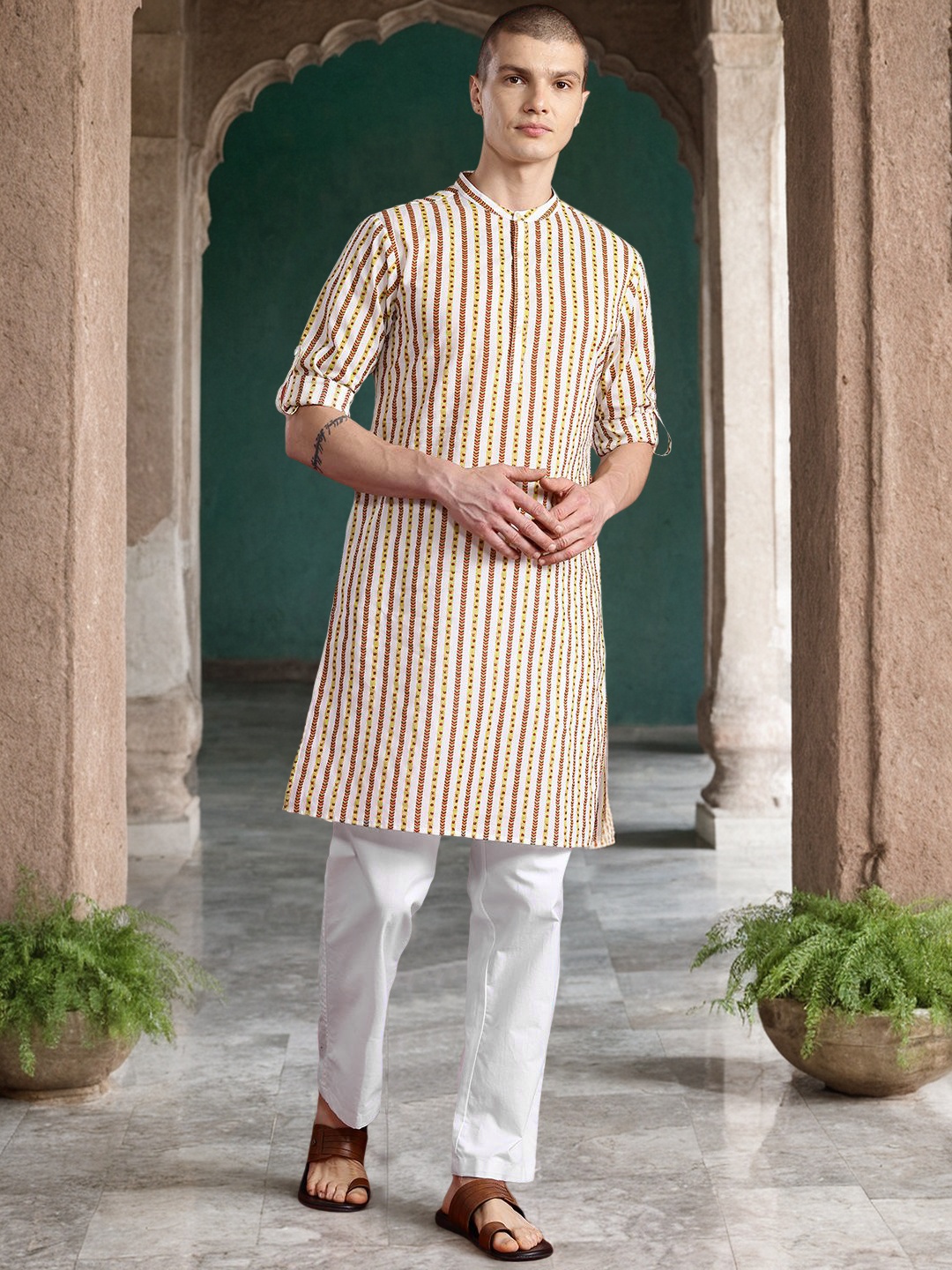

Anouk Pure Cotton Striped Kurta, Beige
