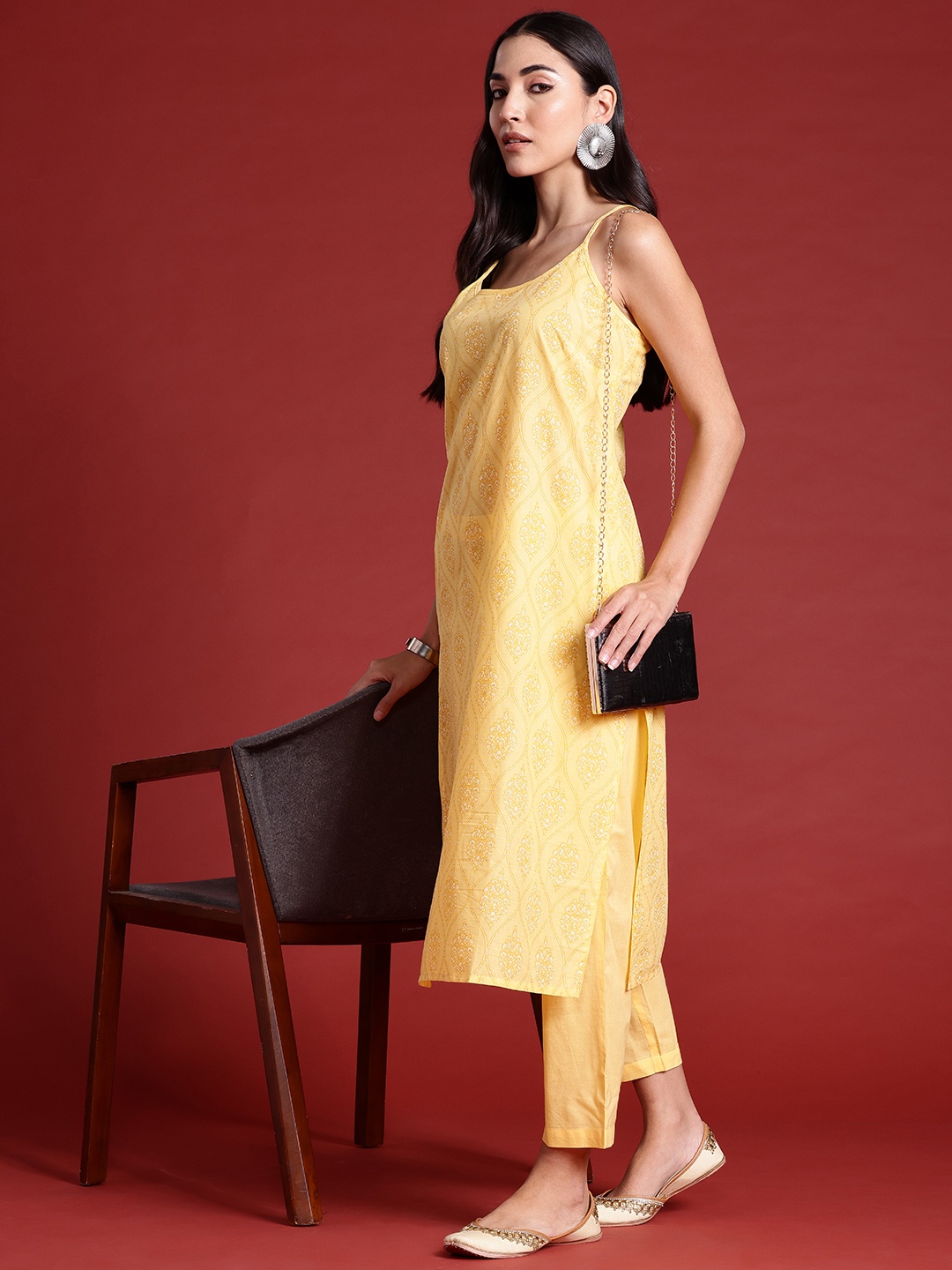 

Anouk Ethnic Motifs Print Shoulder Straps Pure Cotton Kurta with Trousers, Yellow