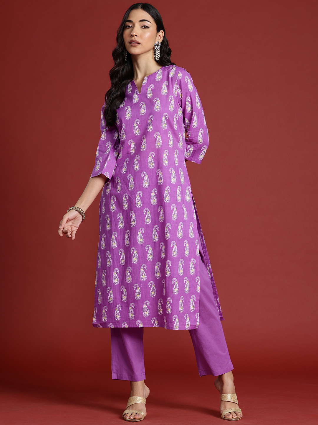 

Anouk Paisley Print Pure Cotton Kurta with Trousers, Purple